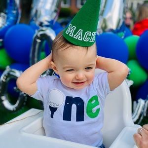 Golf Hole in ONE custom high chair banner & onsie